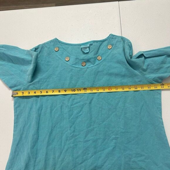 Hot Cotton Linen Button Neck Coastal Turquoise Blue Top XL Casual Boho Pullover - Picture 7 of 9